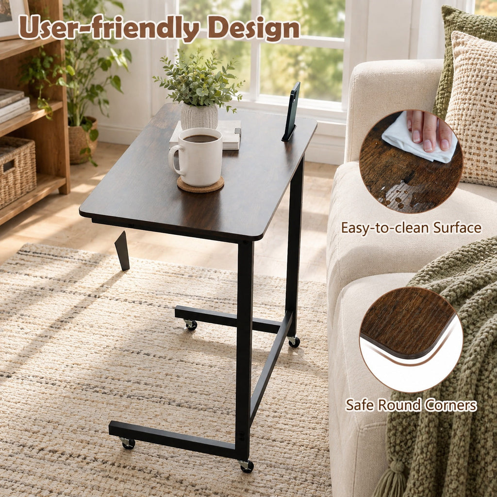 Airfind C-shaped End Table with Wheels Mobile Bedside Table with Built-in Phone Slot, 80 lbs Capacity, Engineered Wood Metal Frame, Brown