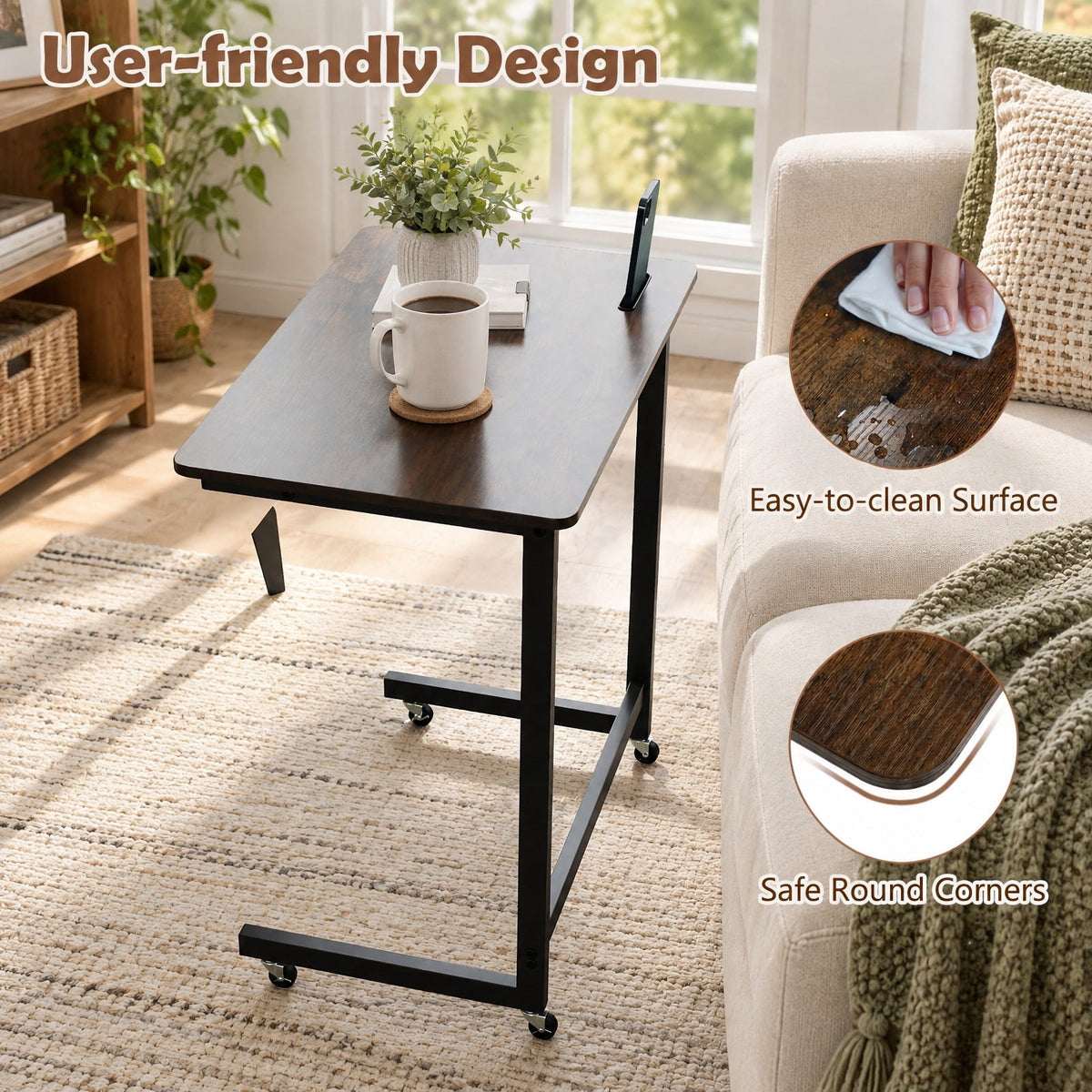 Airfind C-shaped End Table with Wheels Mobile Bedside Table with Built-in Phone Slot, 80 lbs Capacity, Engineered Wood Metal Frame, Brown