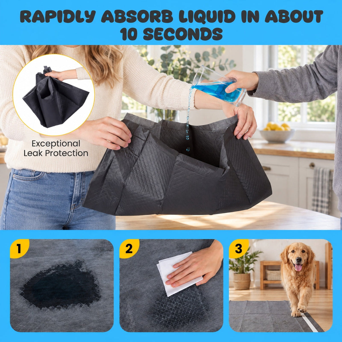Airfind 24 Inch x 24 Inch Charcoal Dog Pee Pads 6-Layer for Dogs, Non-woven Fabric Fluffy Pulp PE Film Absorbent Tissue Pee Frame, Black