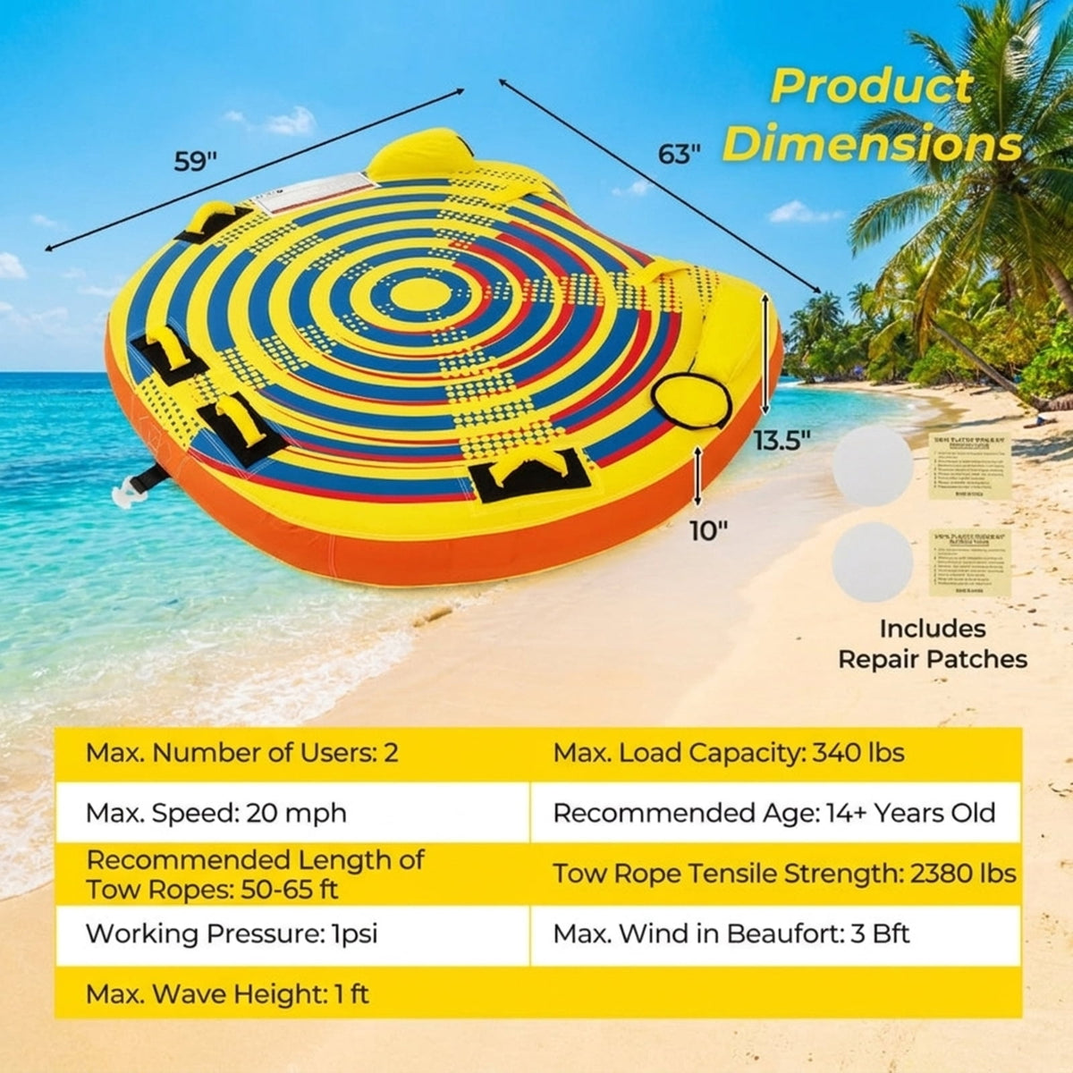 Airfind Heavy-Duty Inflatable Towable Tube for Boat Excursions, Yellow