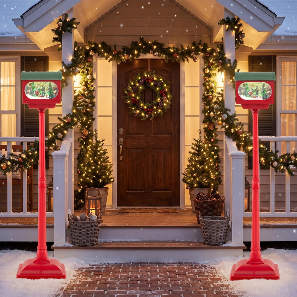Airfind 59 Inch Christmas Street Lamp featuring Sound-activated Snow Globe Lantern, Plastic Resin Frame, 12.5 Inch x 12.5 Inch x 59 Inch Footprint, Red