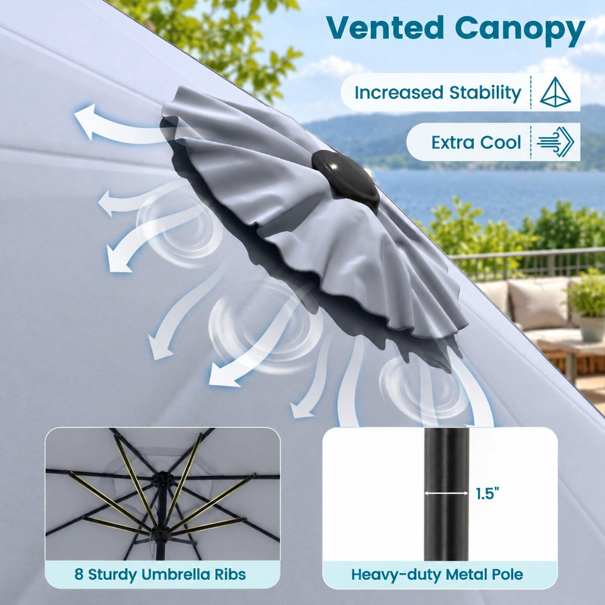 Airfind 9 FT Outdoor Market Patio Table Umbrella Push Button Tilt Crank Lift, Iron Polyester Fabric Frame, Gray