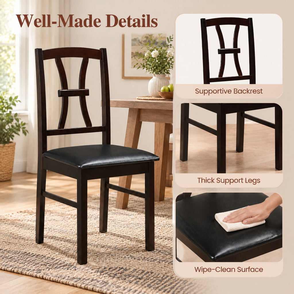 Airfind Wooden Dining Chairs Set of 2 with Faux Leather Padded Seat for Kitchen, 400 lbs Capacity, Rubber Wood Frame, Brown