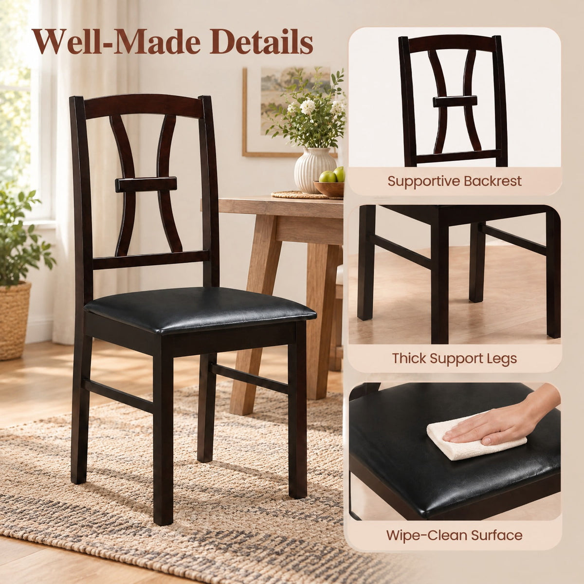 Airfind Wooden Dining Chairs Set of 2 with Faux Leather Padded Seat for Kitchen, 400 lbs Capacity, Rubber Wood Frame, Brown
