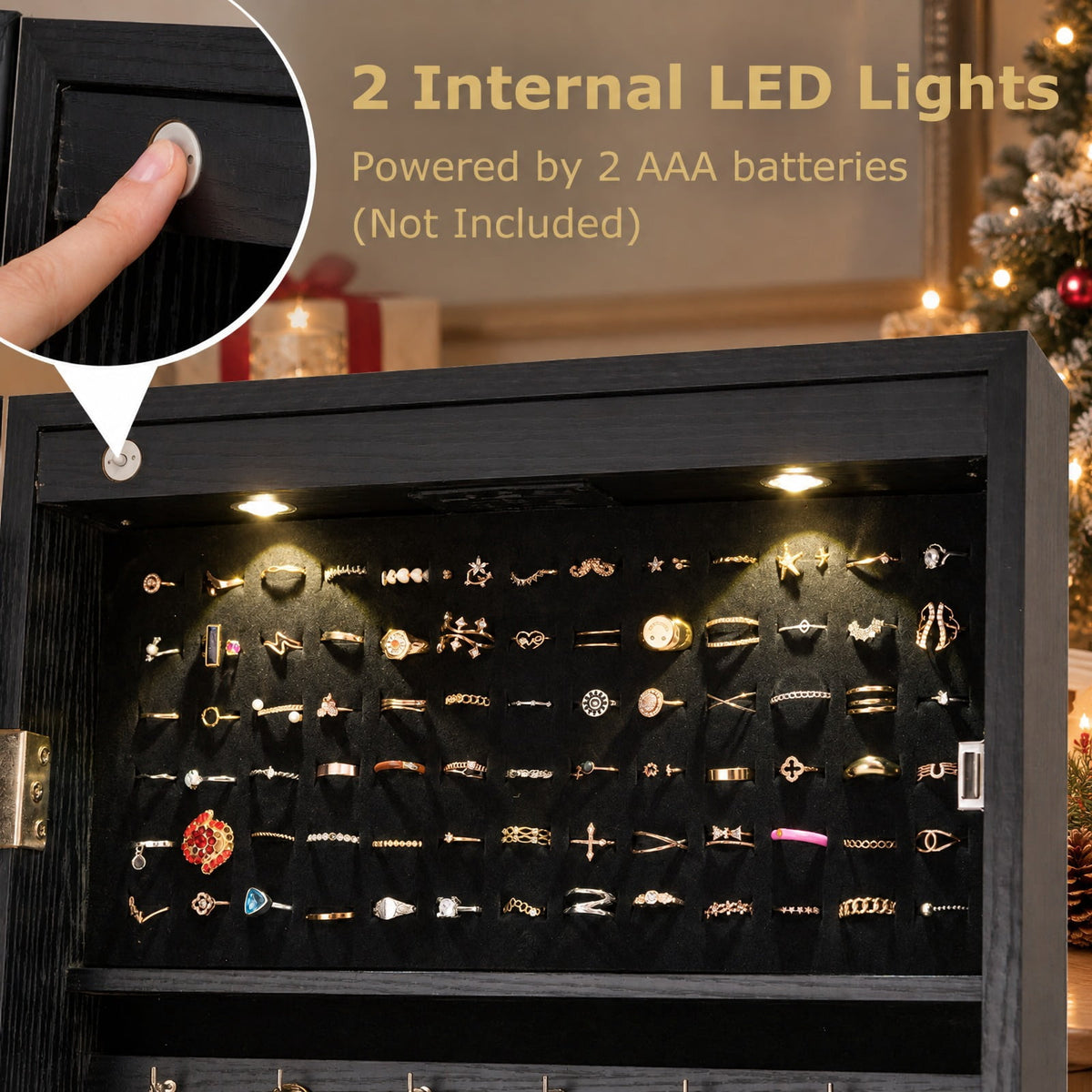 Airfind Lockable Freestanding Jewelry Cabinet Armoire with Full-Length Mirror and Lights, MDF Glass, 16 Inch X 14.5 Inch X 57.5 Inch, Black