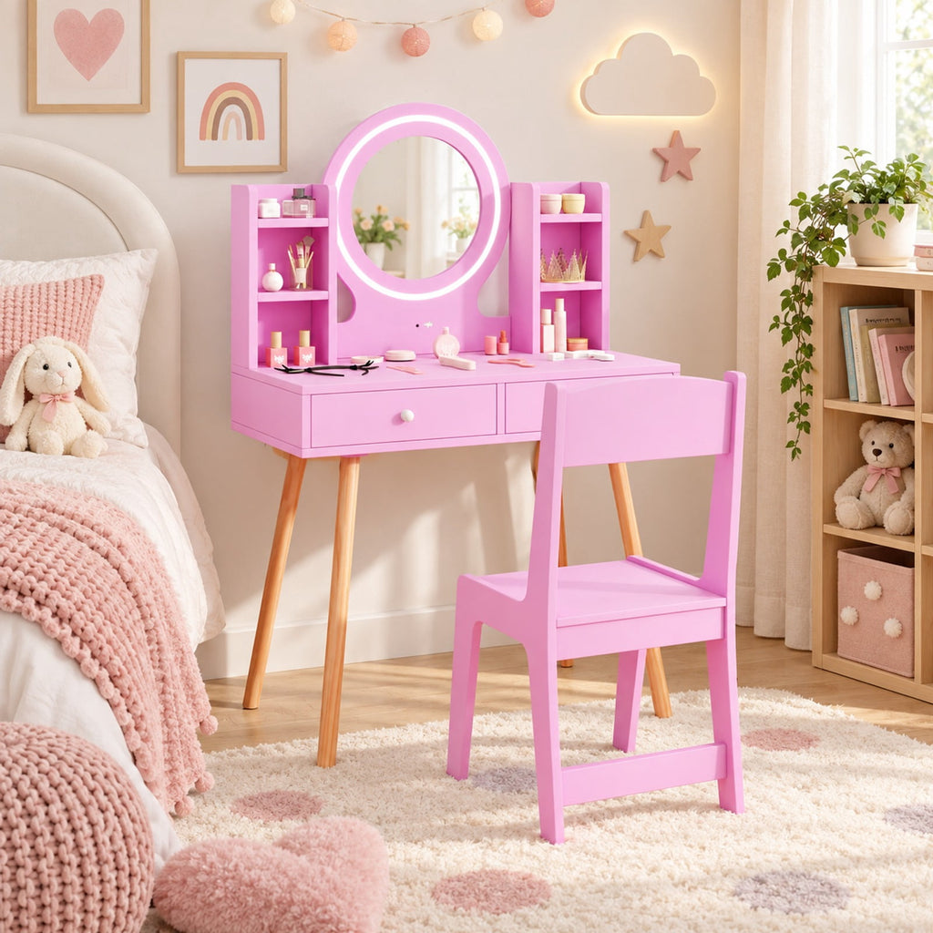 Airfind Youth Vanity Set featuring Lighted Mirror and Storage Drawers, 110 lbs Capacity, Engineered Wood Frame, for 3+ Years Old, Pink