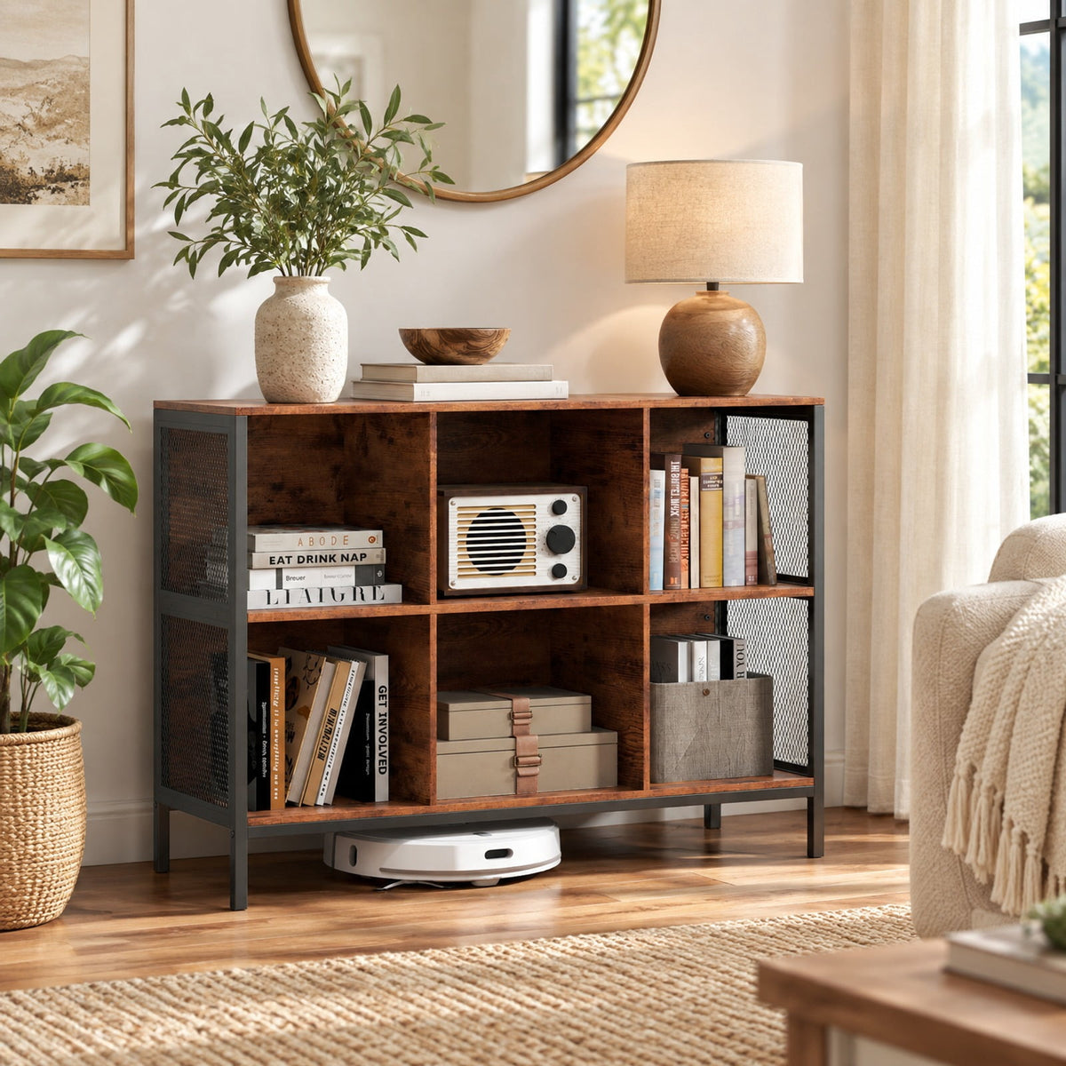 Airfind 6 Cube Bookcase 42 Wide Horizontal Bookshelf with Accent Cubby Shelf, 88 lbs Capacity, MDF Engineered Wood Metal Frame, Brown