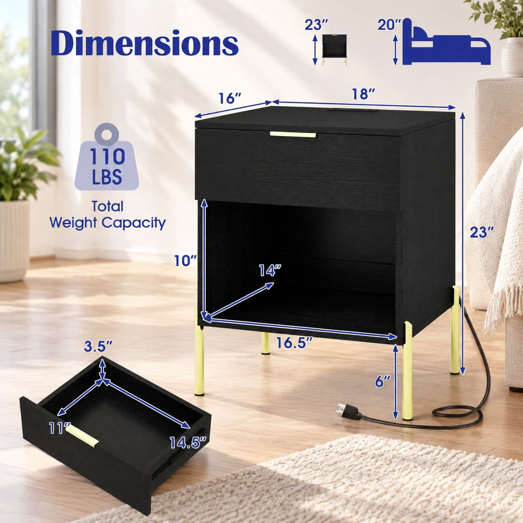 Airfind Modern Nightstand with Charging Station, Engineered Wood Metal MDF Frame, 18in x 16in x 23in Interior Footprint, Black