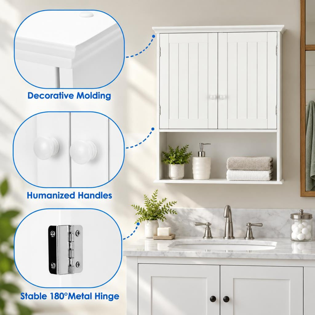 Airfind 2-Door Wall Mount Bathroom Storage Cabinet with Open Shelf, MDF Metal Frame, White, Overall dimension 23.5in x 8in x 28in(L x W