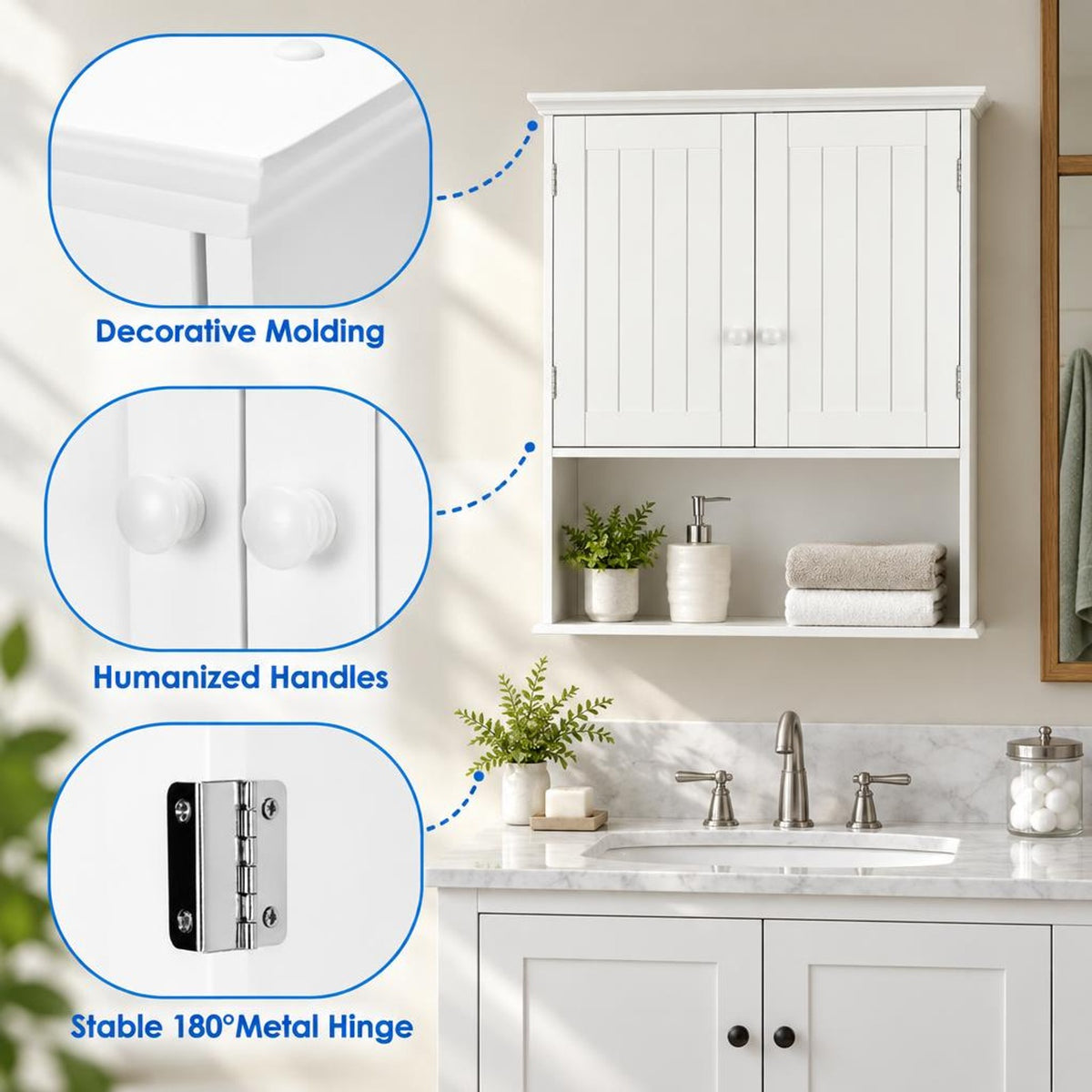 Airfind 2-Door Wall Mount Bathroom Storage Cabinet with Open Shelf, MDF Metal Frame, White, Overall dimension 23.5in x 8in x 28in(L x W