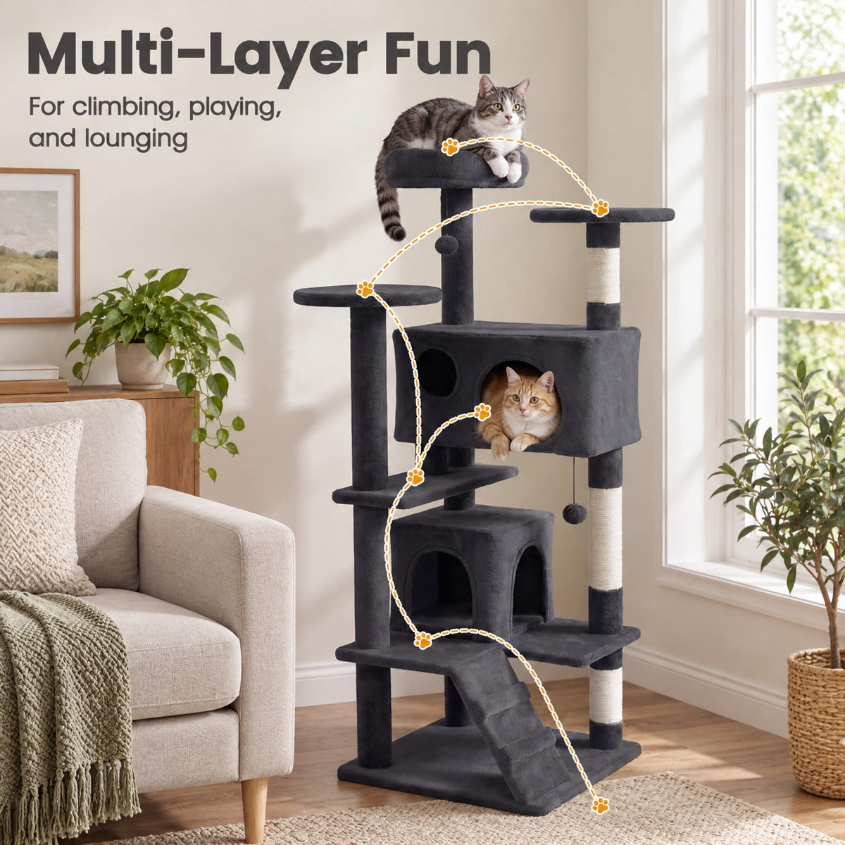 Airfind 52 Inch Tall Cat Tree Tower for Indoor Cats, 22 lbs Capacity, Engineered Wood Sponge Plush Fabric Sisal Frame, Dark Gray
