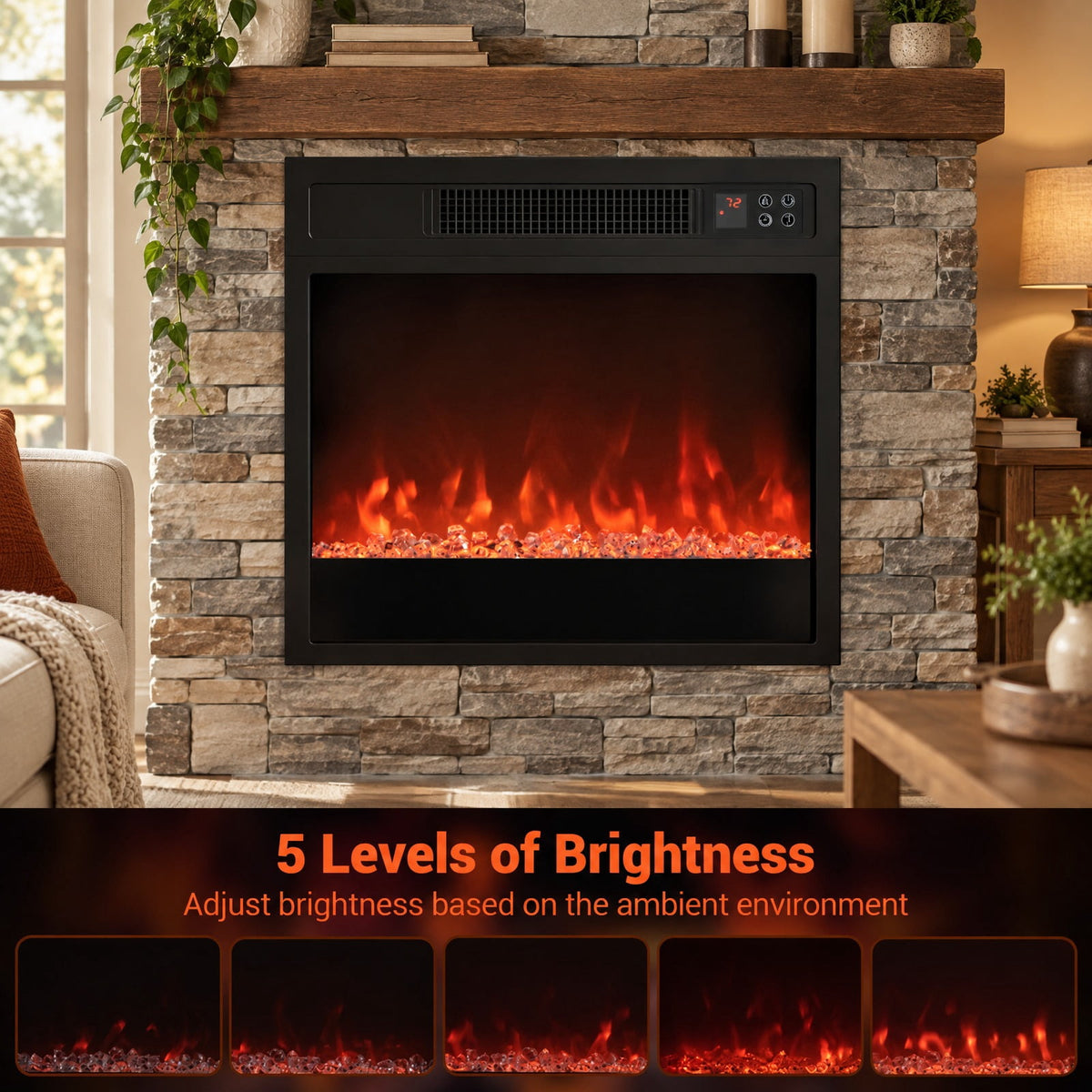 Airfind 5000 BTU 18-Inch Electric Fireplace Insert featuring Remote Control and Brightness, Metal Tempered Glass PP Frame, Black