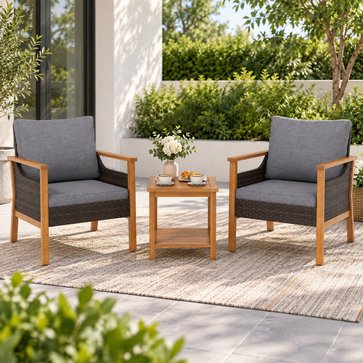 AIRFIND 3 Piece Patio Furniture Set with 2 Cushioned Chairs, Acacia Wood Frame and 2-Tier Side Table, Mix Brown PE Rattan and Gray Cushions