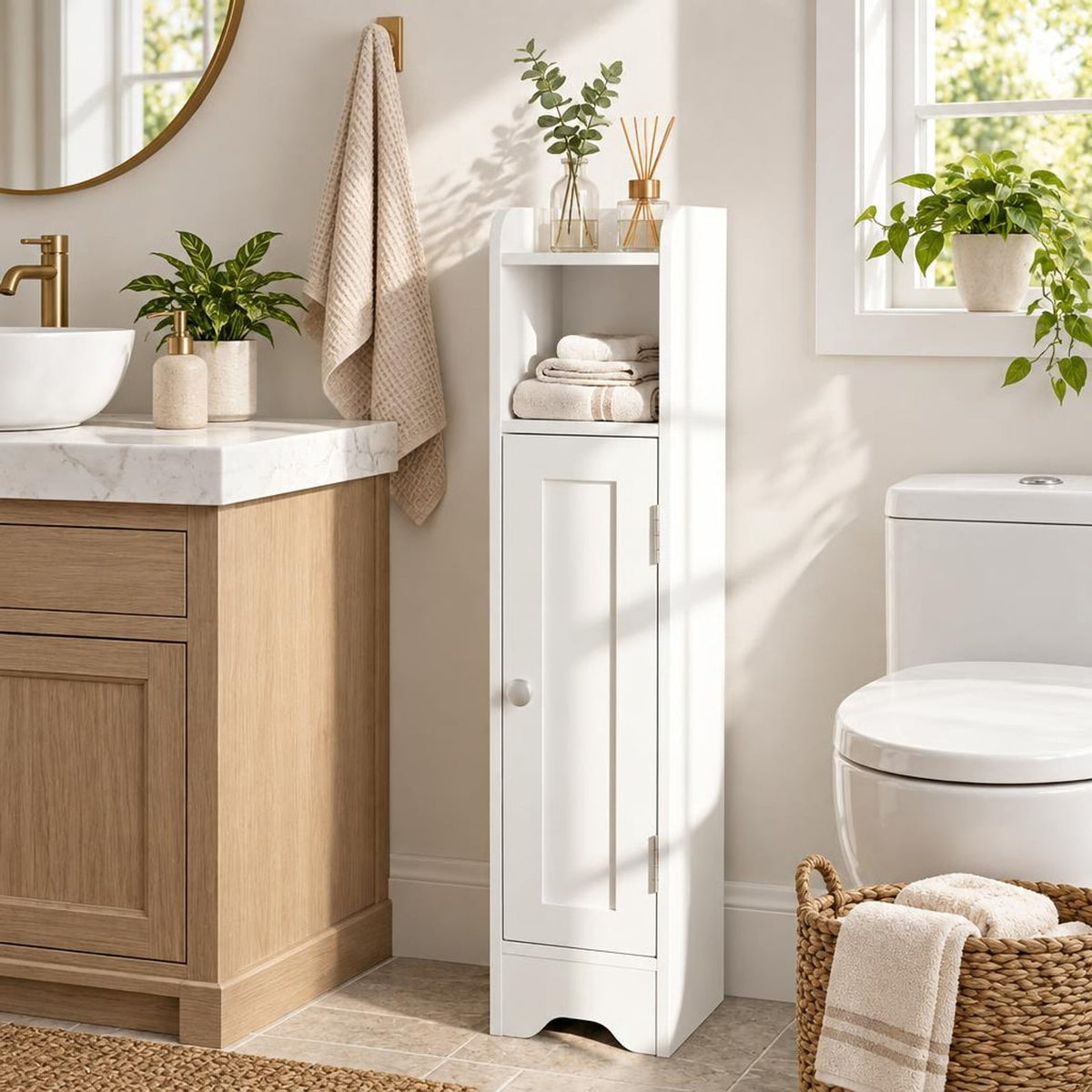 Airfind Slim Bathroom Cabinet Corner with 1 Door and Adjustable Shelves, 22 lbs Capacity, Engineered Wood Frame, 7.5in x 7in x 31.5in Footprint, White
