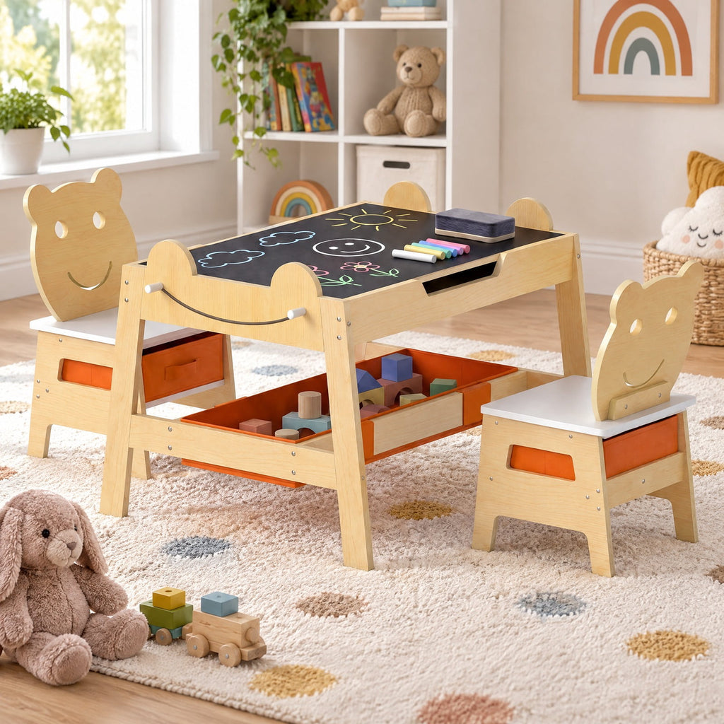 Airfind 5-in-1 Toddler Table and 2 Chairs Cute Art Desk Set with Reversible Chalkboard Whiteboard, 110 lbs Capacity, MDF Non-woven Fabric Frame