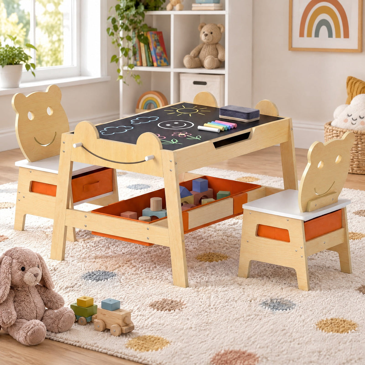Airfind 5-in-1 Toddler Table and 2 Chairs Cute Art Desk Set with Reversible Chalkboard Whiteboard, 110 lbs Capacity, MDF Non-woven Fabric Frame