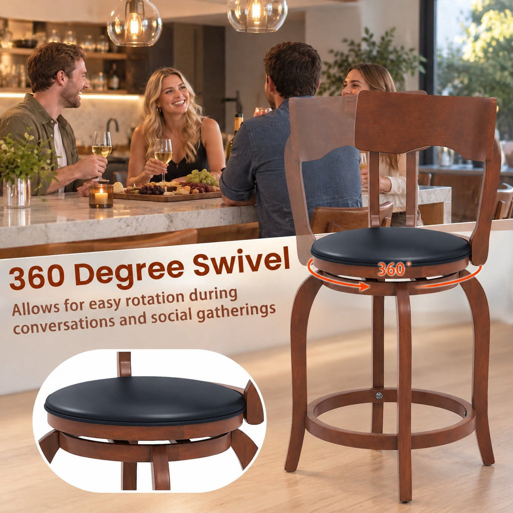Airfind Swivel Bar Stools Set of 2 with Rubber Wood Frame and Upholstered Seat-24 Inch, 286 lbs Capacity, Rubber Wood Sponge PVC Frame, Wood