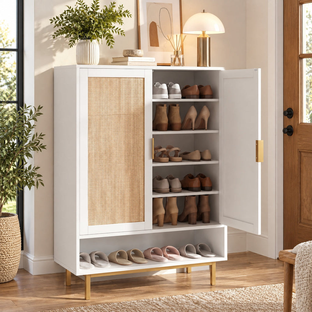 Airfind 43 Inch 6-Tier Tall Shoe Cabinet with Double Doors, 66 lbs Capacity, Engineered Wood Metal Frame, 30in x 14in x 43in Footprint, White