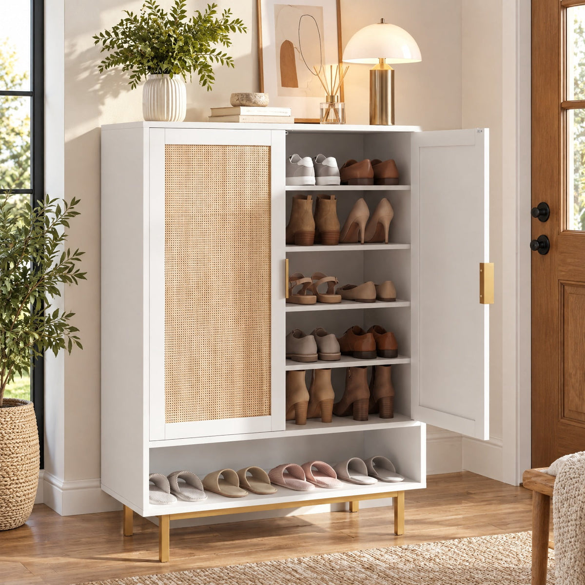 Airfind 43 Inch 6-Tier Tall Shoe Cabinet with Double Doors, 66 lbs Capacity, Engineered Wood Metal Frame, 30in x 14in x 43in Footprint, White