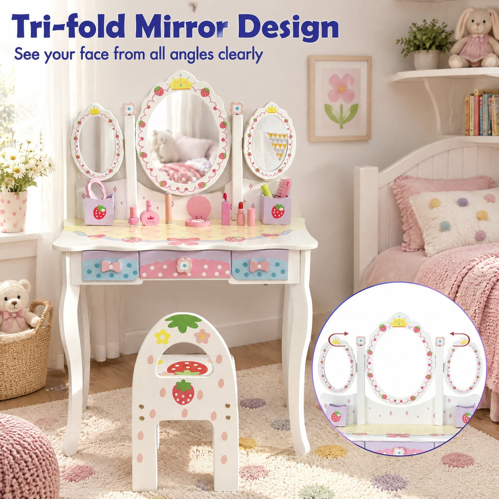 Airfind Kids Vanity Princess Makeup Dressing Table Chair Set with Tri-fold Mirror, 44 lbs Capacity, MDF Frame, White