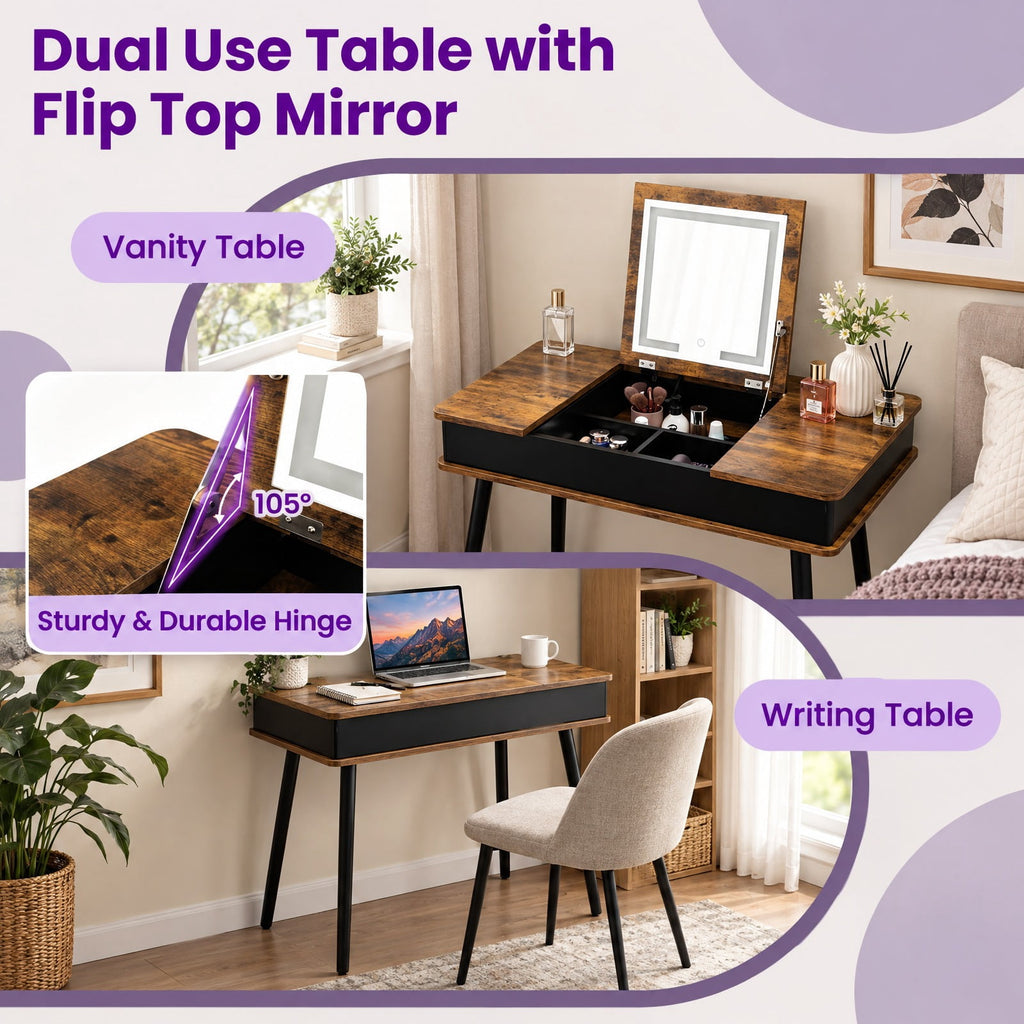 Airfind Vanity Table Set with Flip Top Mirror Lights USB Writing Desk and Stool, 99 Lbs Capacity, MDF Pine Wood Glass Sponge PU Leather, Brown