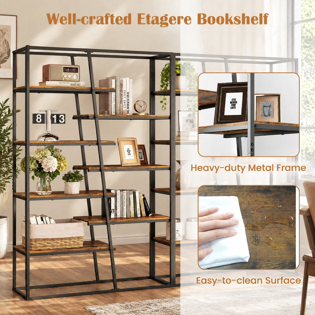 Airfind 71-Inch 7-Tier Industrial Etagere Bookcase with Heavy-duty Metal Frame, Engineered Wood Metal Frame, 45in x 16in x 71in Footprint, Brown