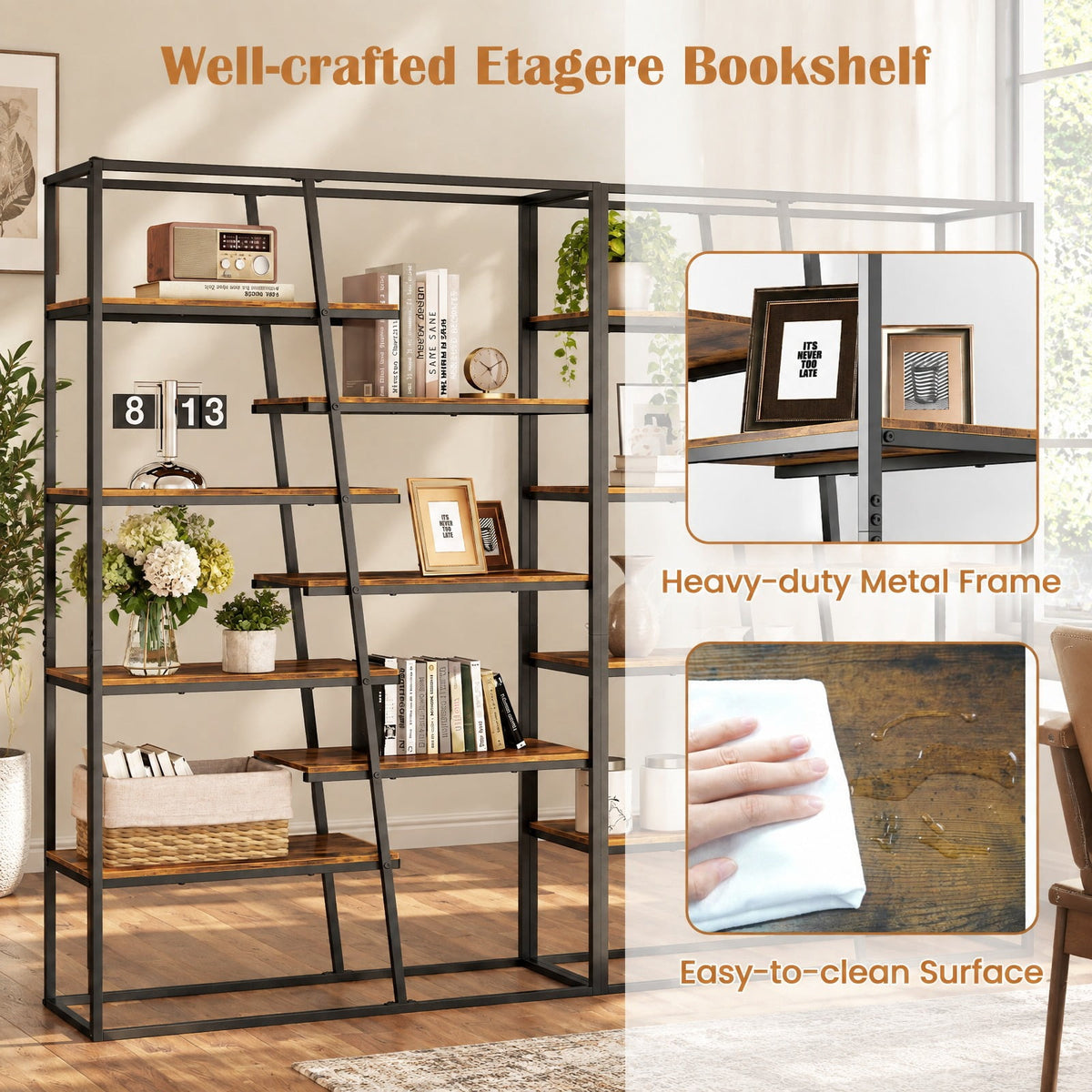 Airfind 71-Inch 7-Tier Industrial Etagere Bookcase with Heavy-duty Metal Frame, Engineered Wood Metal Frame, 45in x 16in x 71in Footprint, Brown