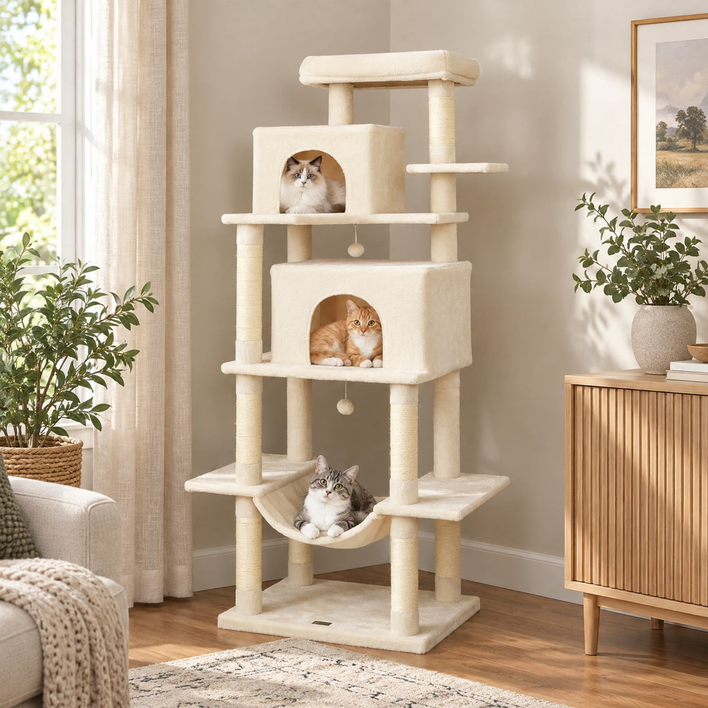 Airfind Large Cat Tree for Indoor Cats 70 Tall Cat Tower, 33 lbs Capacity, Plush Fabric Sisal Engineered Wood Overall Height 70 Base Frame