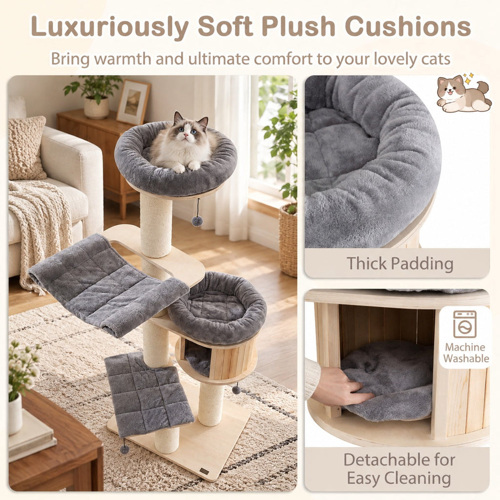 Airfind 4-Layer 68.5-Inch Wooden Cat Tree Condo Activity Tower with Sisal Posts, 33 lbs Capacity, Pine wood birch wood sisal plush Frame, Gray