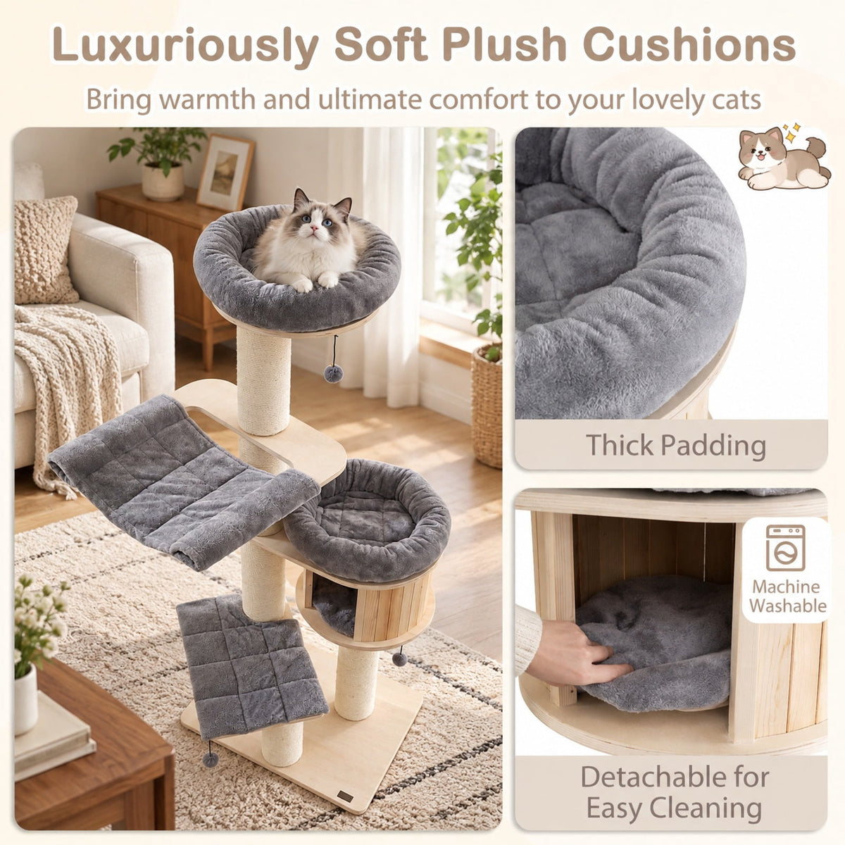 Airfind 4-Layer 68.5-Inch Wooden Cat Tree Condo Activity Tower with Sisal Posts, 33 lbs Capacity, Pine wood birch wood sisal plush Frame, Gray