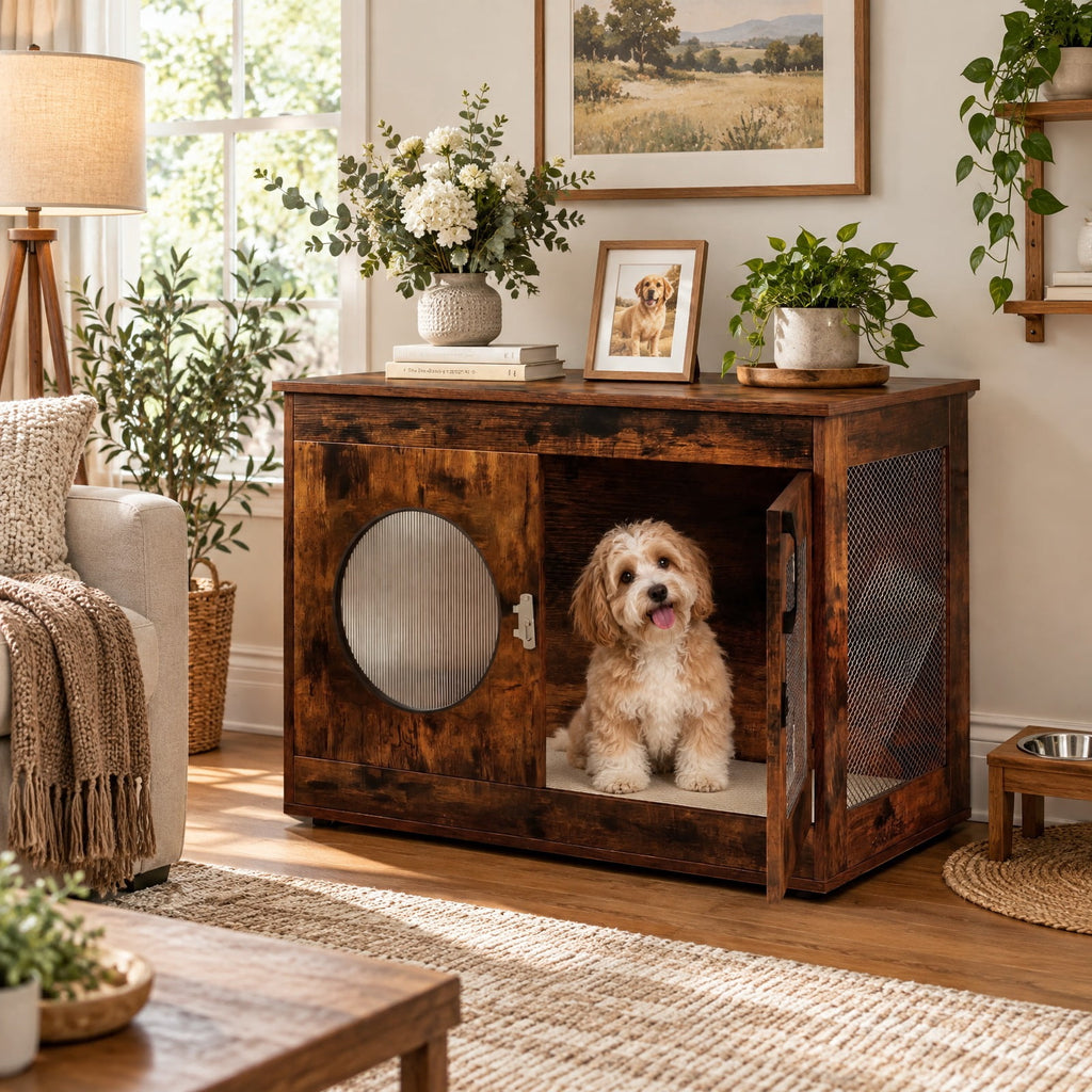 Airfind Furniture Style Dog Crate for Small and Medium Dogs with Translucent Window and Lockable Door, 88 lbs Capacity, Brown