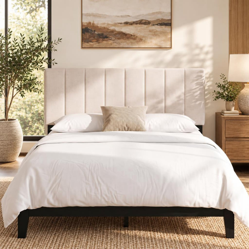 Airfind Linen Upholstered Headboard with Solid Wood Legs and Adjustable Width, Linen Fabric Sponge Rubber Wood MDF Frame, 64 x 3 x 45.5 Footprint