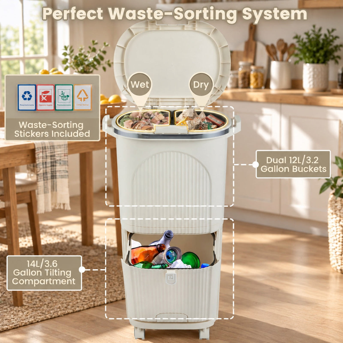 Airfind 10 Gallon Kitchen Trash Can Double-Layer with Lid and 2 Removable Buckets, PP Frame, 17 x 11.5 x 29.5 Overall Height (Open) 40 Footprint