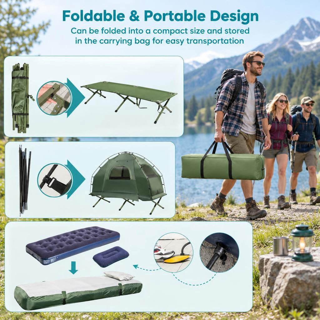 Airfind 1-Person Folding Camping Tent with Sunshade and Air Mattress, 300 lbs Capacity, 77 Inch x 35 Inch x 66 Inch Footprint, Green