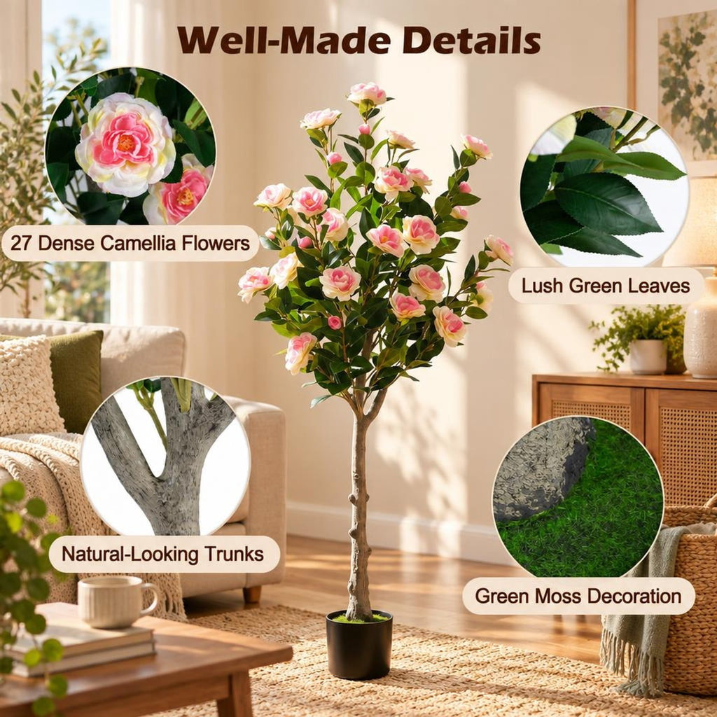 Airfind Artificial Camellia Tree with 27 Blossoms in Cement Pot for Home-Set of 1, Pink Green Black
