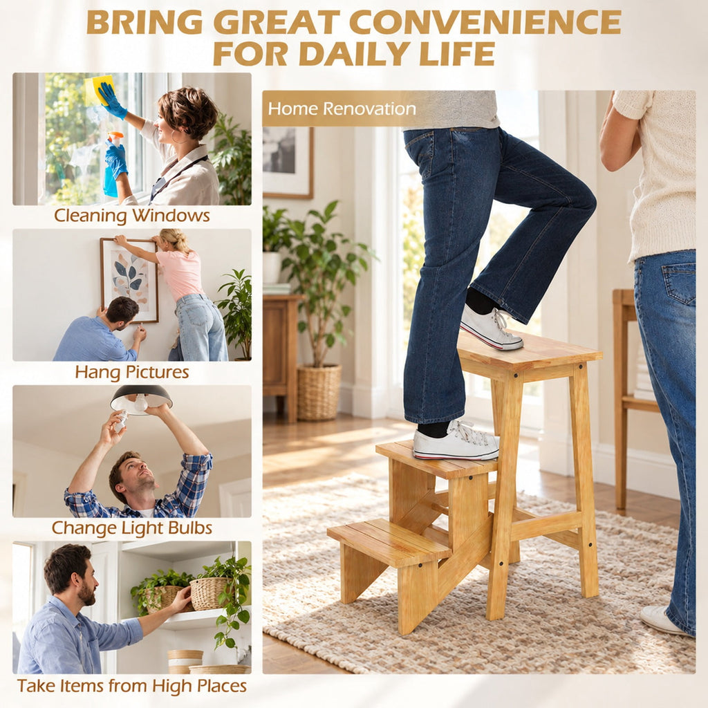 Airfind 3-in-1 Rubber Wood Step Stool with Convenient Handle, Rubber wood Frame, 22 x 16 x 24 Footprint, Natural