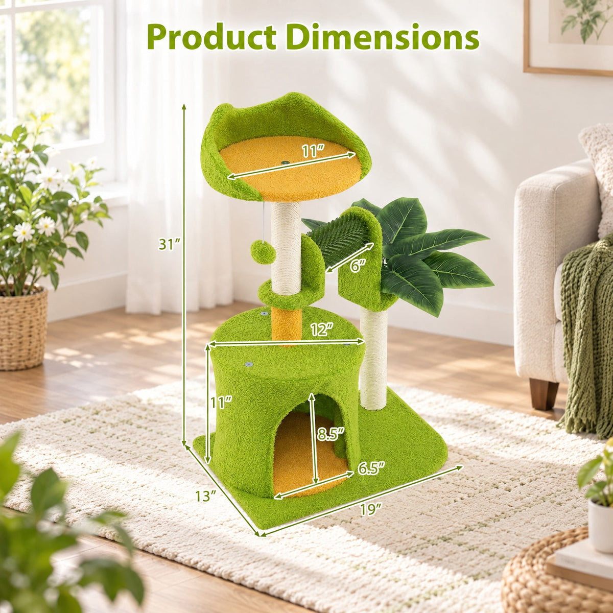 Airfind Cute Palm Cat Tree, for Indoor Cats with Artificial Leaves, Engineered Wood EVA Sisal Teddy Fleece Frame, 19 Inch x 13 Inch x 31 Inch Perch, Green