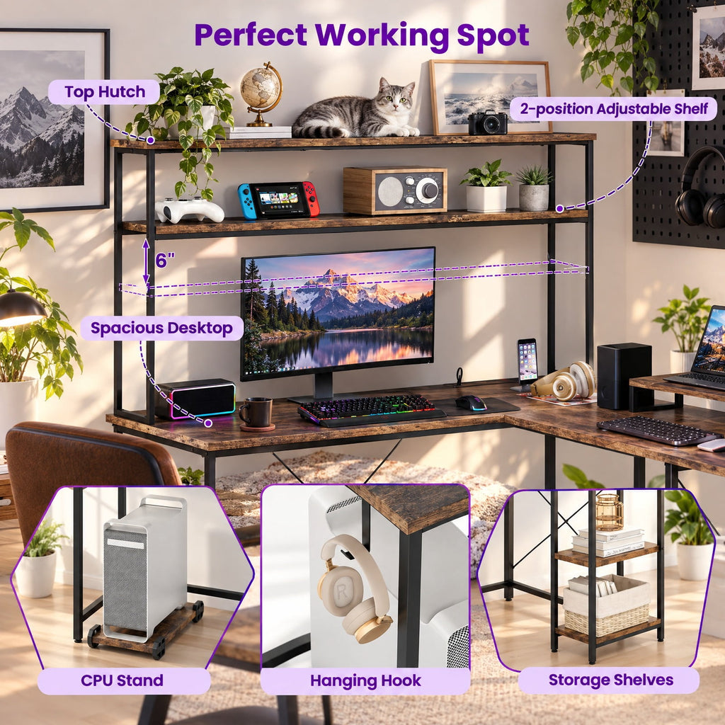 Airfind L-Shaped Reversible Gaming Desk with LED Strip and Power Outlets Hutch Monitor Stand, 310 lbs Capacity, Engineered Wood Metal Frame, Brown