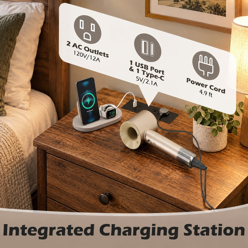 Airfind Nightstand with Integrated Charging Station 39 Inches Modern Bedside Table, 56 kg/123.5 ls Capacity, Metal MDF Non-Woven Fabric Frame, Brown