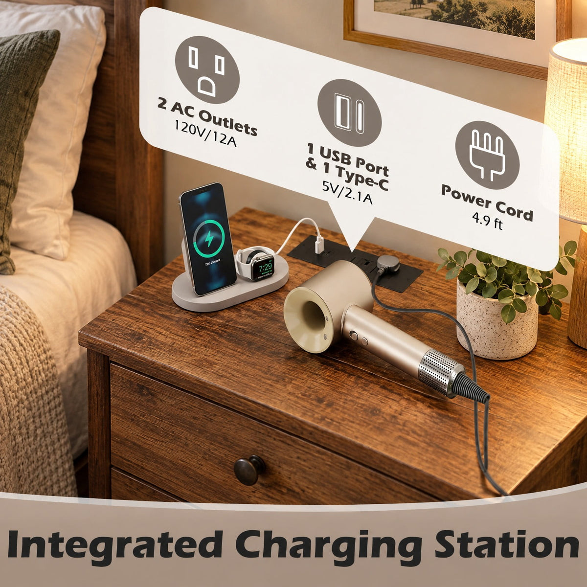 Airfind Nightstand with Integrated Charging Station 39 Inches Modern Bedside Table, 56 kg/123.5 ls Capacity, Metal MDF Non-Woven Fabric Frame, Brown