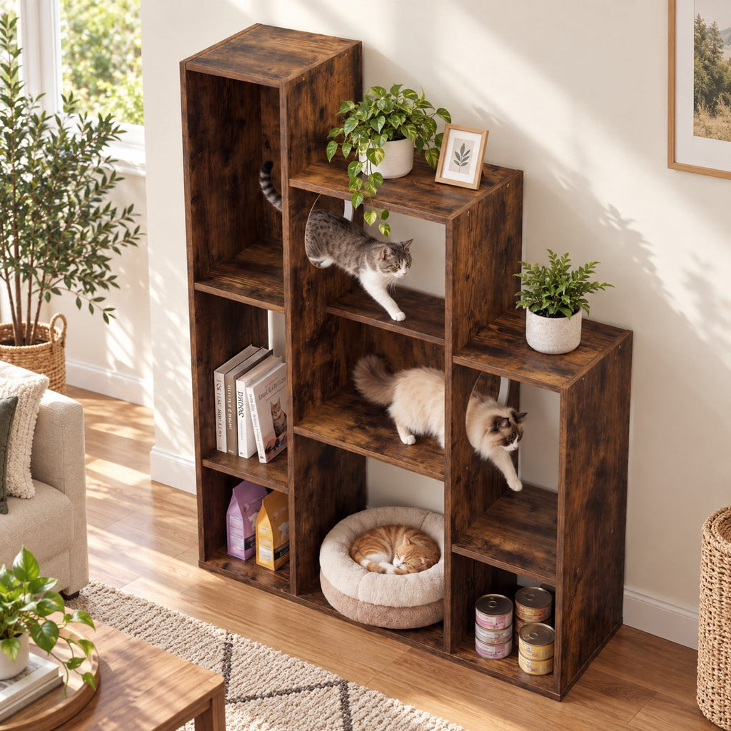 Airfind Modern Cat Bookshelf Cat Tree 8-Section Storage Cabinet with 2 Round Holes, 22 lbs Capacity, Engineered Wood Frame, Brown