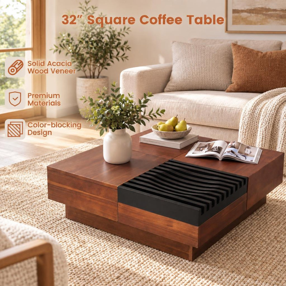 Airfind 32 Square Color-blocking Design Coffee Table with Storage Tray for Living Room, 165 lbs Capacity, Engineered Wood Frame, Walnut