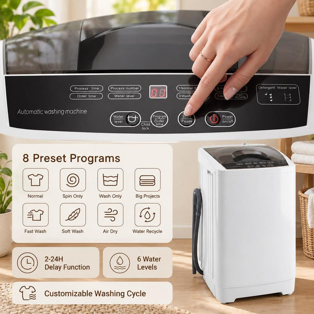 Airfind 9.93 lbs Full Automatic Washing Machine with 8 Preset Programs, Stainless Steel PP Frame, White