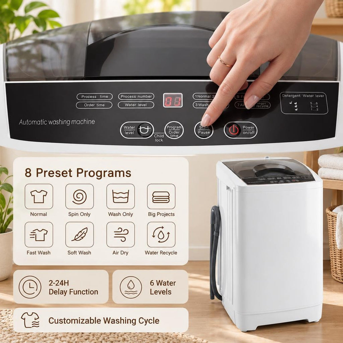 Airfind 9.93 lbs Full Automatic Washing Machine with 8 Preset Programs, Stainless Steel PP Frame, White