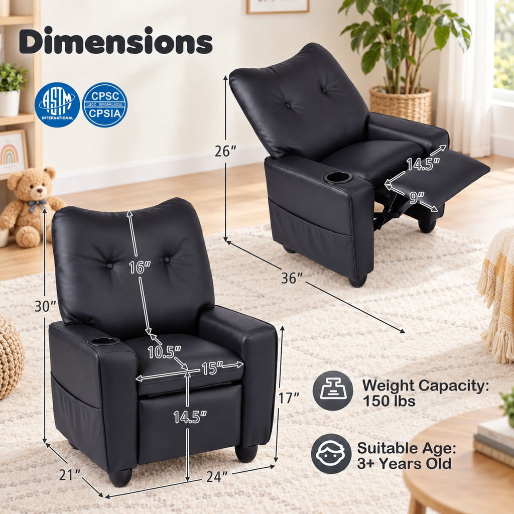 Airfind Youth Recliner featuring Cup Holder Armrests and Adjustable Backrest for Playroom, Wood Frame, 24 Inch x 21 Inch x 30 Inch Lying Footprint, Black