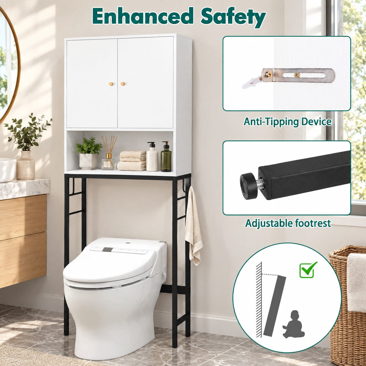 Airfind Over The Toilet Storage Cabinet, with 2 Doors and Adjustable Shelf, ?Metal Particle Board Item weight: 38.5 lbs Frame, White
