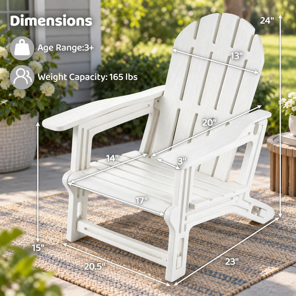 Airfind All-Weather Outdoor Kids Patio Seating with Ergonomic Design, 165 lbs Capacity, for 3+, 20 × 23 × 24 Footprint, White