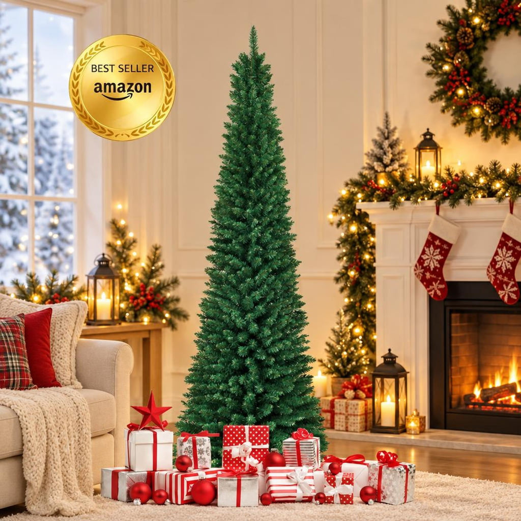 Airfind PVC Artificial Slim Pencil Christmas Tree-7 Feet, PVC iron 5 Ft: Frame, 2ft x 5ft Footprint, Green