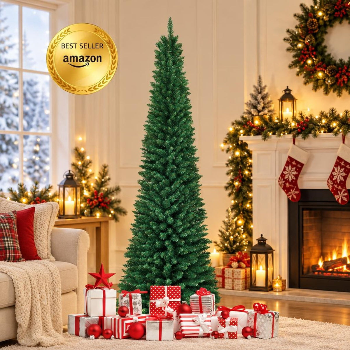 Airfind PVC Artificial Slim Pencil Christmas Tree-7 Feet, PVC iron 5 Ft: Frame, 2ft x 5ft Footprint, Green