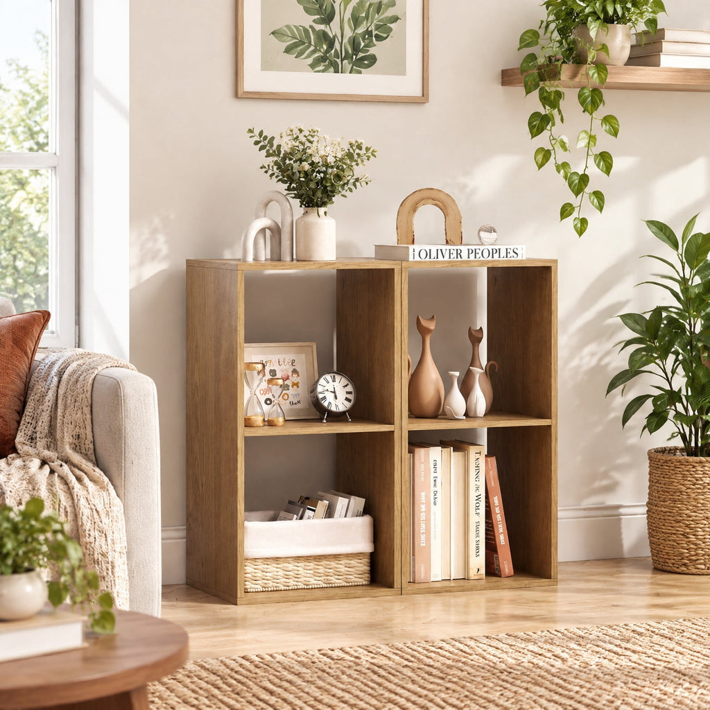 Airfind 2 Cube Bookshelf with Back Guardrail for Living Room Bedroom, Engineered Wood Frame, 14 Inch x 13 Inch x 27.5 Inch Depth of Bottom Shelf 12 Inch Footprint